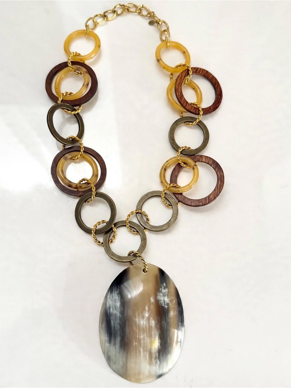 Yochi New York Signed Statement Necklace Chunky Resin Wood Horn Link PendantBoho